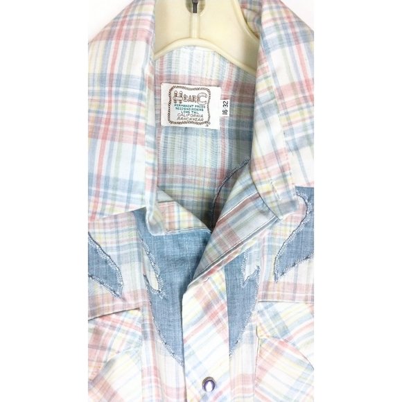 Vintage fancy yokes H Bar C California Ranch wear mens western plaid denim shirt - Picture 4 of 6